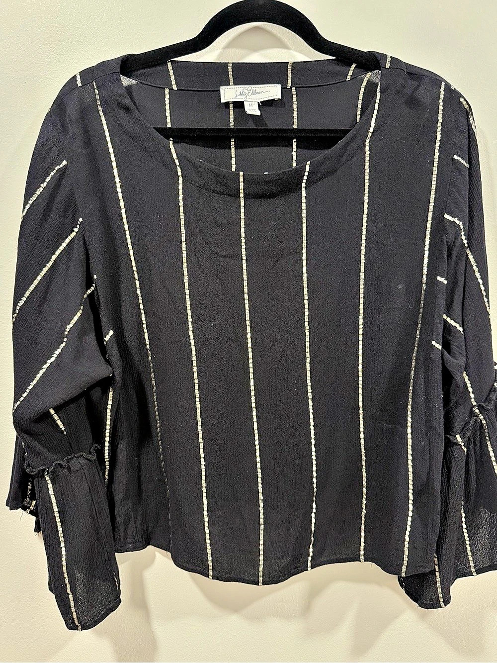 Libby Edelman Black Metallic Stripe Sheer Blouse Size Medium